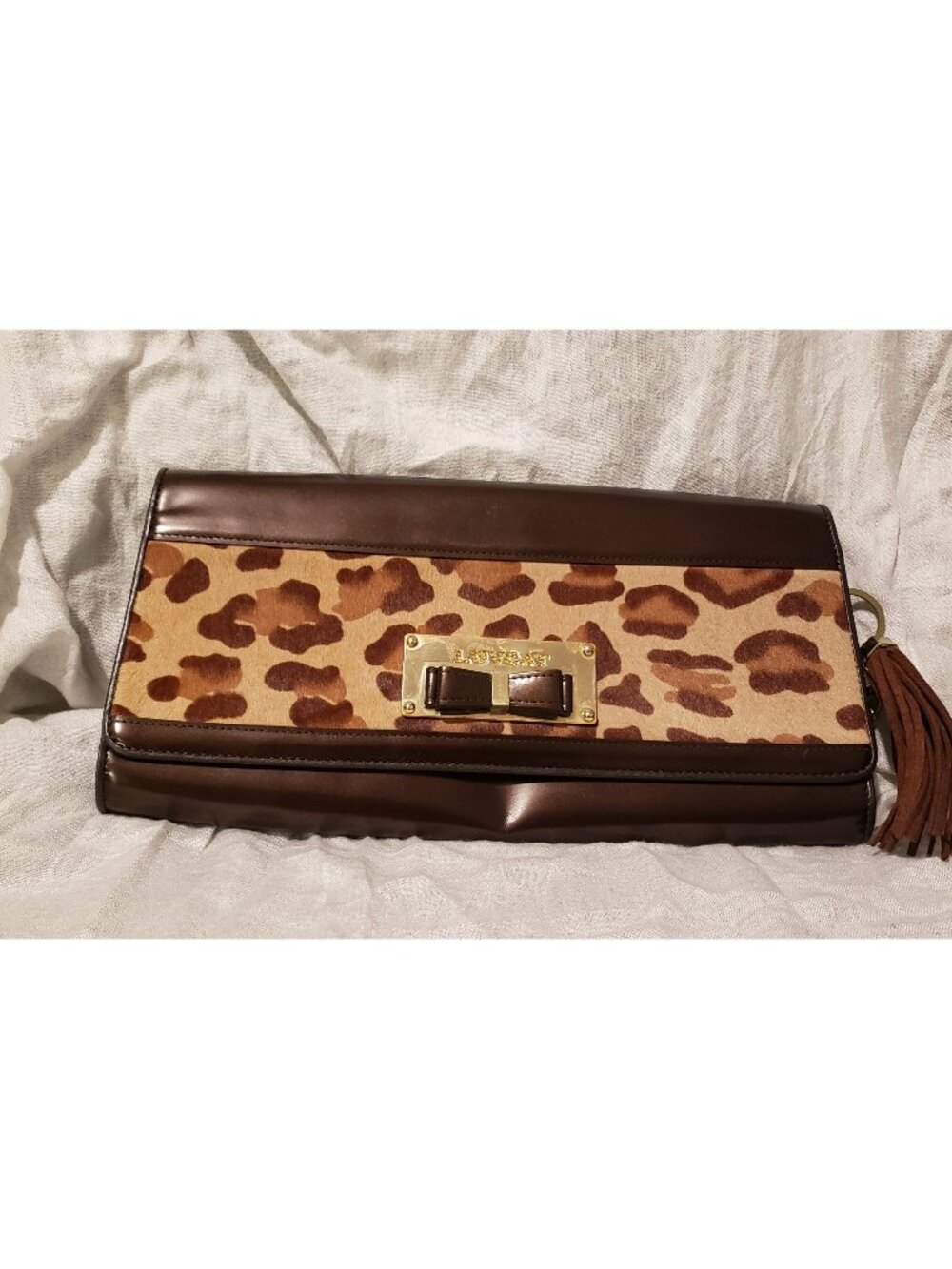 Lovecat Animal Print Trimmed Brown Leather Clutch Handbag Chain Strap Tassel EUC